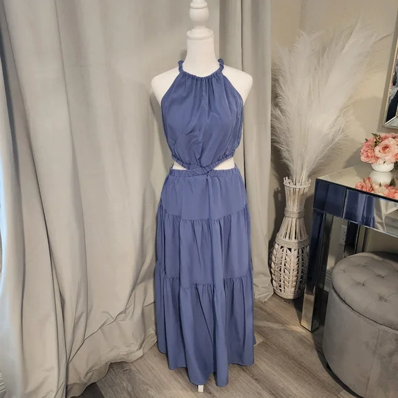 MIHOLL Dusty Blue Cutout Halter Maxi Dress - Picture 6 of 16